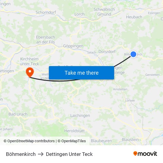 Böhmenkirch to Dettingen Unter Teck map