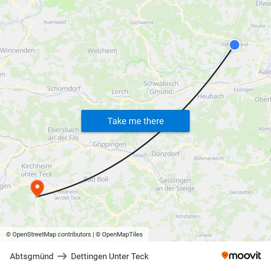 Abtsgmünd to Dettingen Unter Teck map