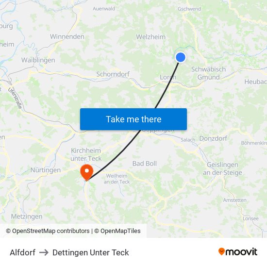 Alfdorf to Dettingen Unter Teck map