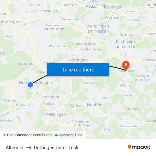 Altenriet to Dettingen Unter Teck map