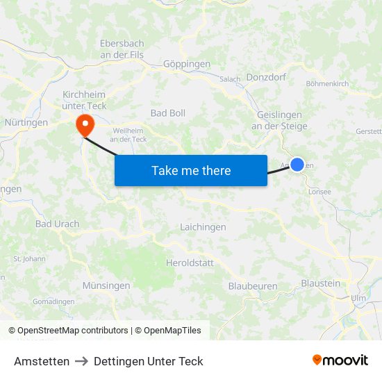 Amstetten to Dettingen Unter Teck map