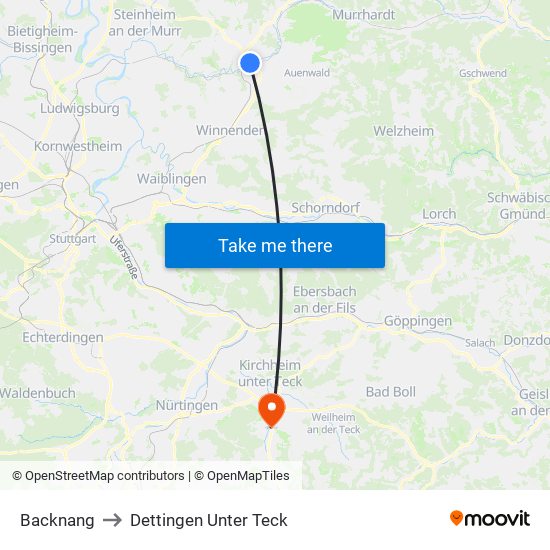Backnang to Dettingen Unter Teck map