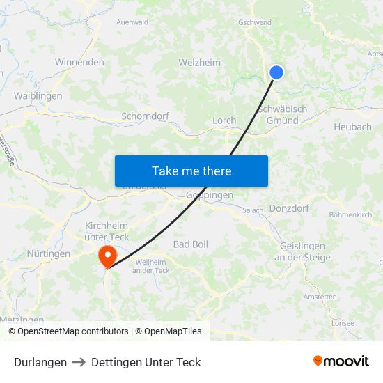 Durlangen to Dettingen Unter Teck map