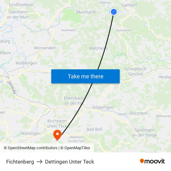 Fichtenberg to Dettingen Unter Teck map