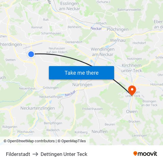 Filderstadt to Dettingen Unter Teck map