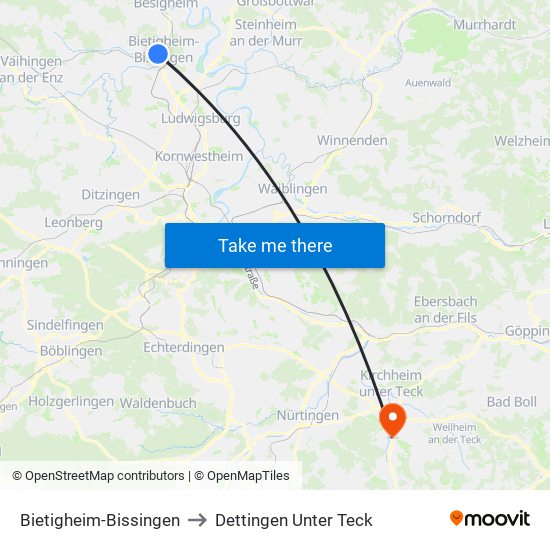 Bietigheim-Bissingen to Dettingen Unter Teck map