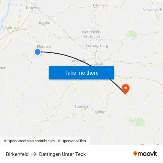 Birkenfeld to Dettingen Unter Teck map