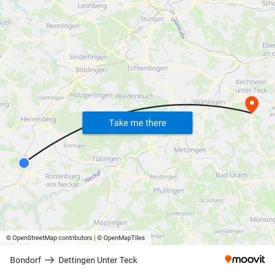 Bondorf to Dettingen Unter Teck map