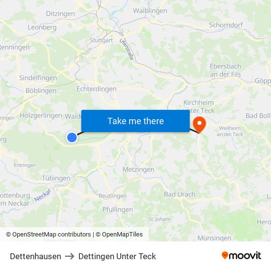 Dettenhausen to Dettingen Unter Teck map