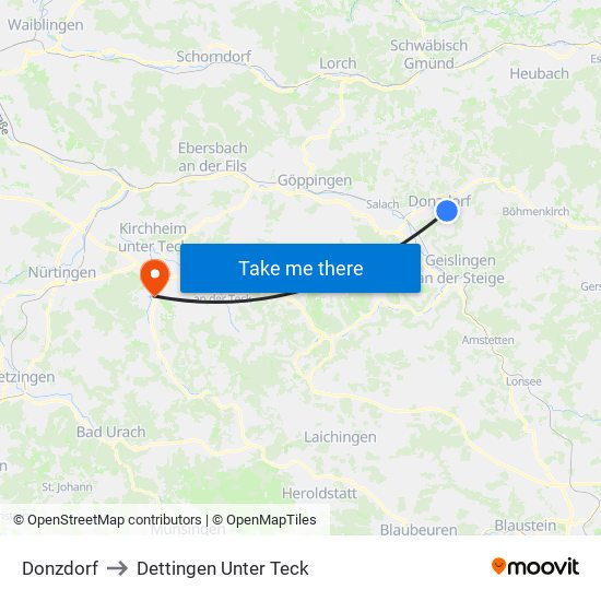 Donzdorf to Dettingen Unter Teck map