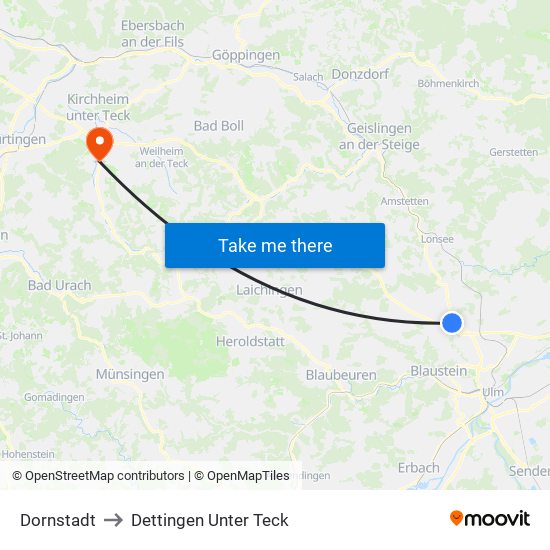 Dornstadt to Dettingen Unter Teck map
