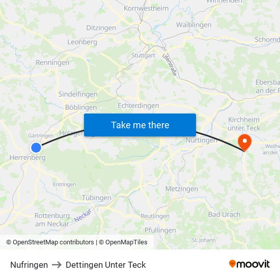 Nufringen to Dettingen Unter Teck map