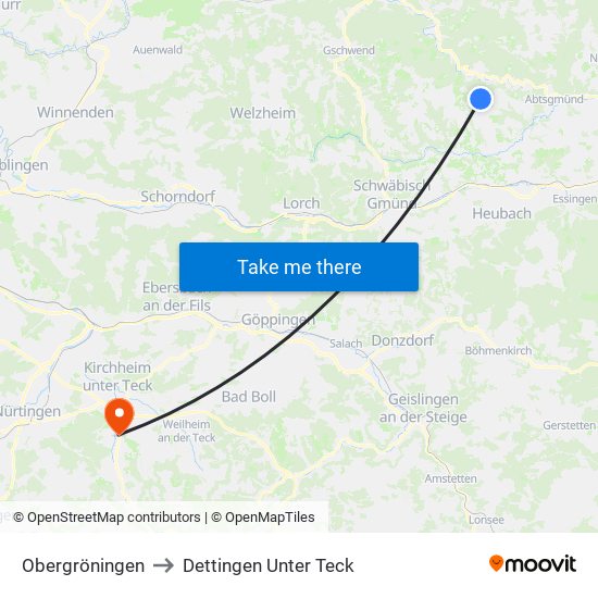 Obergröningen to Dettingen Unter Teck map