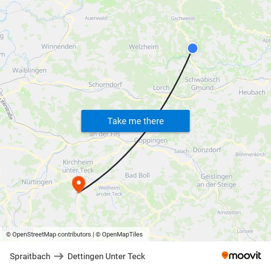 Spraitbach to Dettingen Unter Teck map