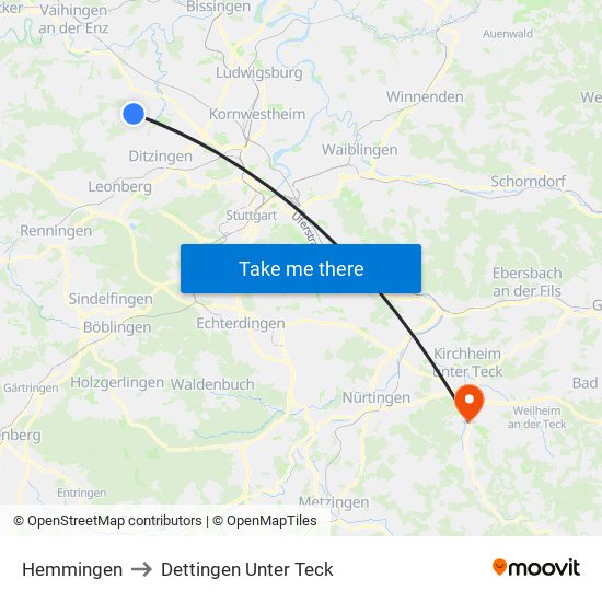 Hemmingen to Dettingen Unter Teck map