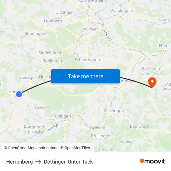 Herrenberg to Dettingen Unter Teck map