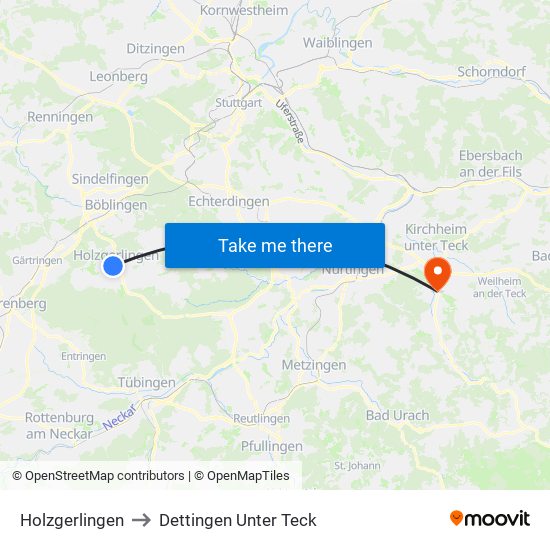 Holzgerlingen to Dettingen Unter Teck map