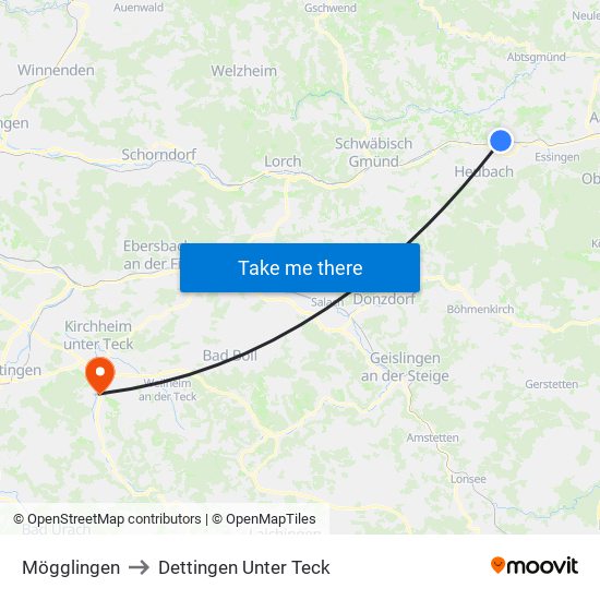 Mögglingen to Dettingen Unter Teck map