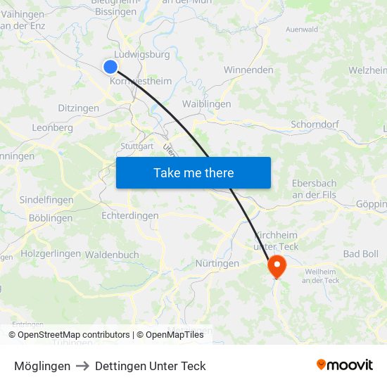 Möglingen to Dettingen Unter Teck map