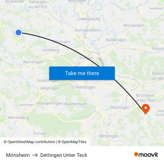 Mönsheim to Dettingen Unter Teck map