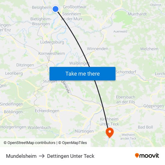 Mundelsheim to Dettingen Unter Teck map