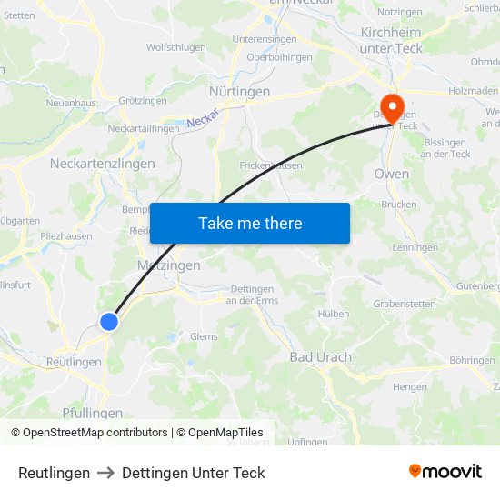 Reutlingen to Dettingen Unter Teck map