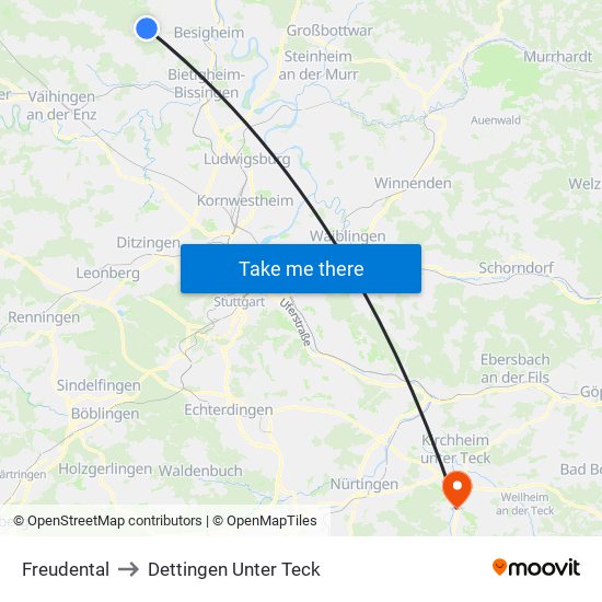 Freudental to Dettingen Unter Teck map