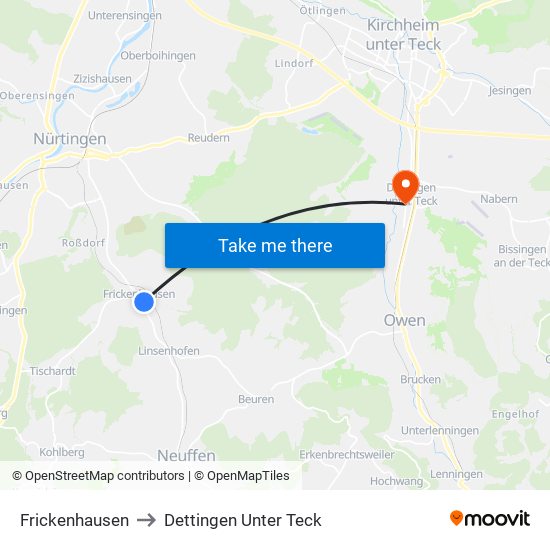 Frickenhausen to Dettingen Unter Teck map