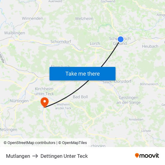 Mutlangen to Dettingen Unter Teck map