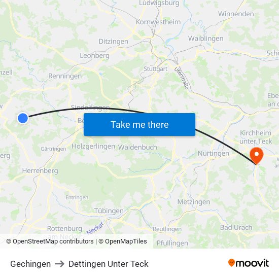 Gechingen to Dettingen Unter Teck map