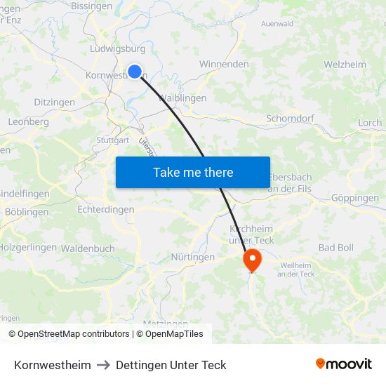 Kornwestheim to Dettingen Unter Teck map