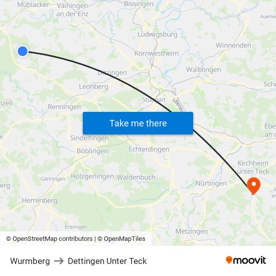 Wurmberg to Dettingen Unter Teck map