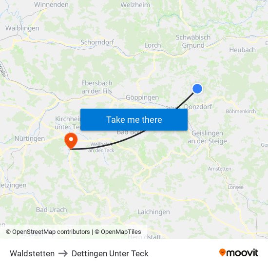 Waldstetten to Dettingen Unter Teck map