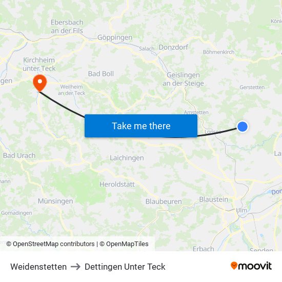 Weidenstetten to Dettingen Unter Teck map