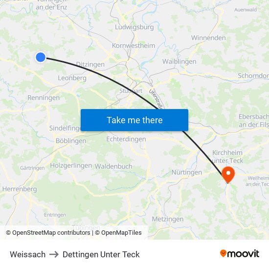 Weissach to Dettingen Unter Teck map