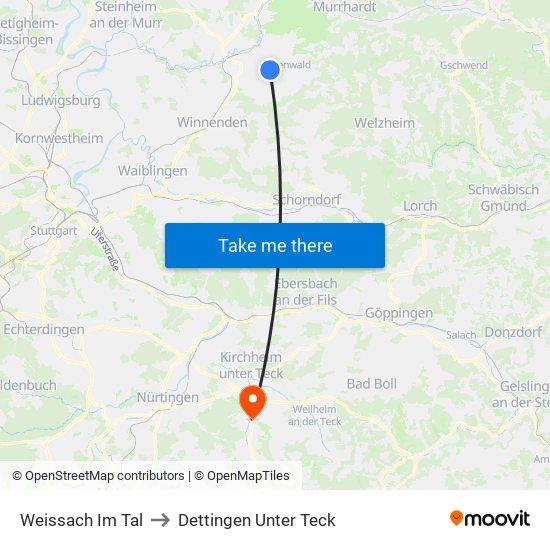 Weissach Im Tal to Dettingen Unter Teck map