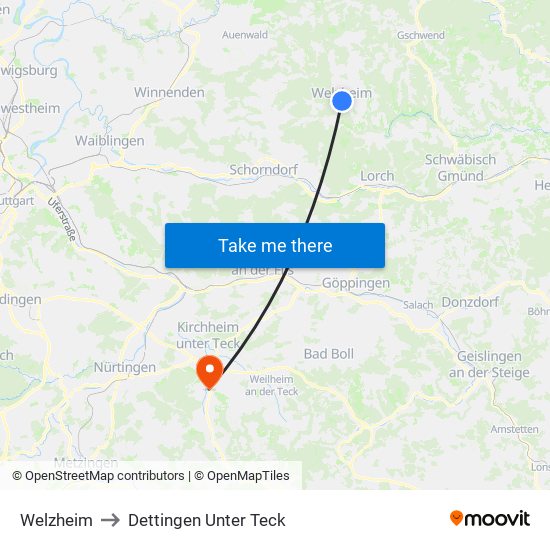 Welzheim to Dettingen Unter Teck map