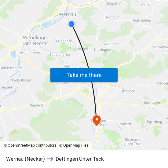 Wernau (Neckar) to Dettingen Unter Teck map