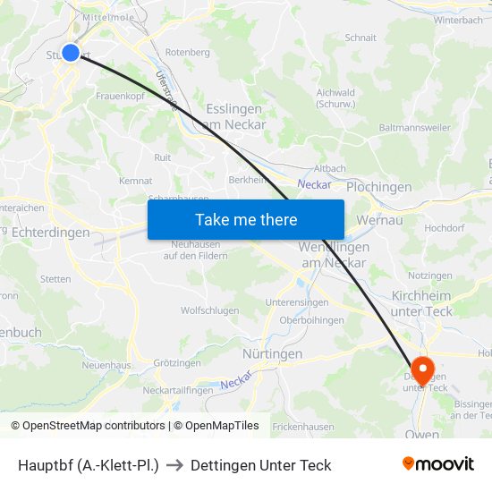 Hauptbf (A.-Klett-Pl.) to Dettingen Unter Teck map