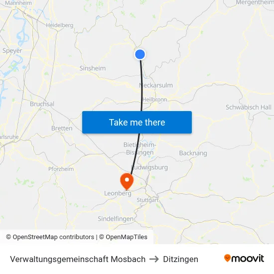 Verwaltungsgemeinschaft Mosbach to Ditzingen map