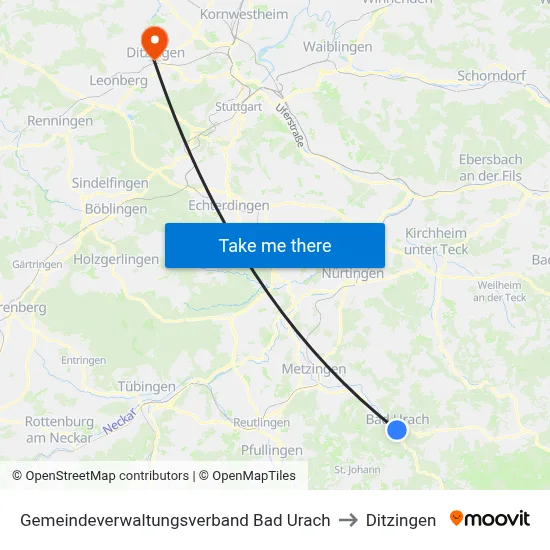 Gemeindeverwaltungsverband Bad Urach to Ditzingen map