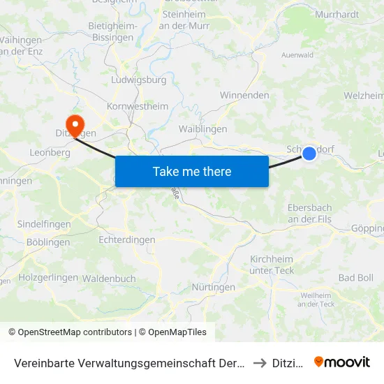 Vereinbarte Verwaltungsgemeinschaft Der Stadt Schorndorf to Ditzingen map