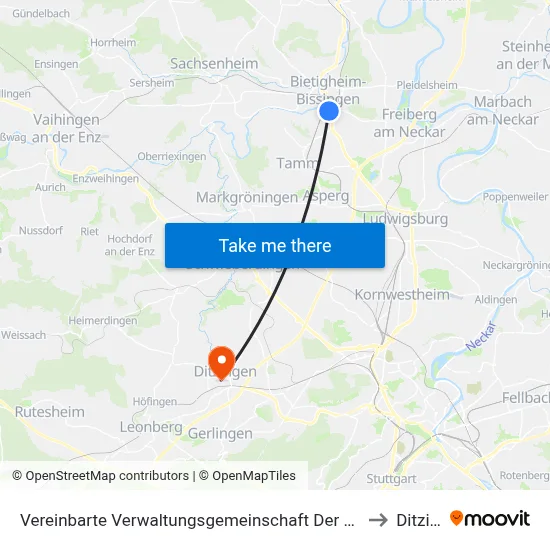 Vereinbarte Verwaltungsgemeinschaft Der Stadt Bietigheim-Bissingen to Ditzingen map
