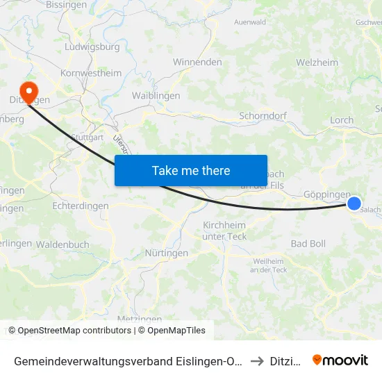 Gemeindeverwaltungsverband Eislingen-Ottenbach-Salach to Ditzingen map