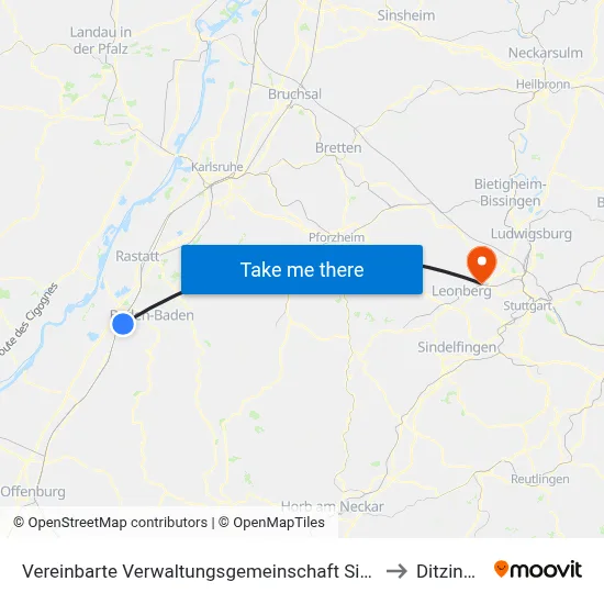 Vereinbarte Verwaltungsgemeinschaft Sinzheim to Ditzingen map
