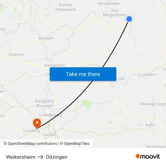 Weikersheim to Ditzingen map