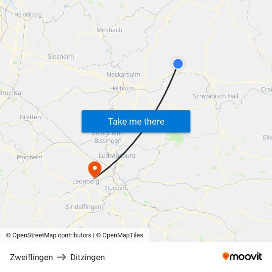 Zweiflingen to Ditzingen map