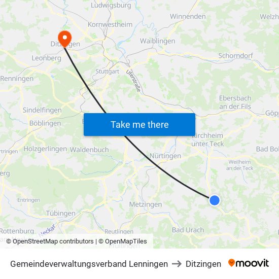 Gemeindeverwaltungsverband Lenningen to Ditzingen map