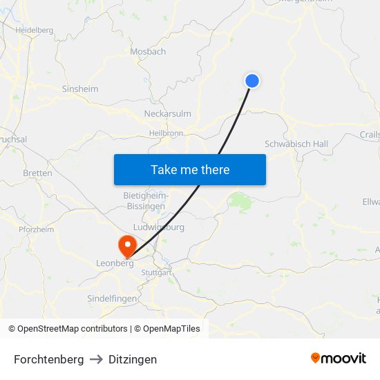 Forchtenberg to Ditzingen map