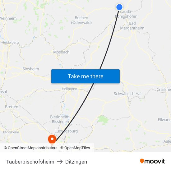 Tauberbischofsheim to Ditzingen map